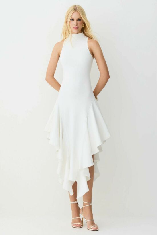 Imagem de Vestido Mídi Gola Alta Babados Assimétricos Off White Zen